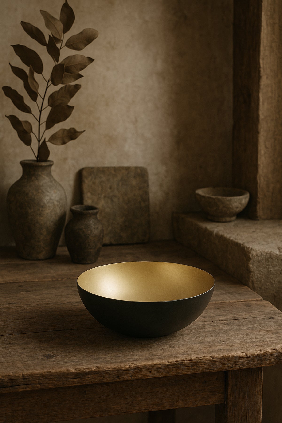 İçi Altın Renginde Dışı Antik Görünümlü Pirinç Dekoratif Obje Siyah-Gold 30x12 cm