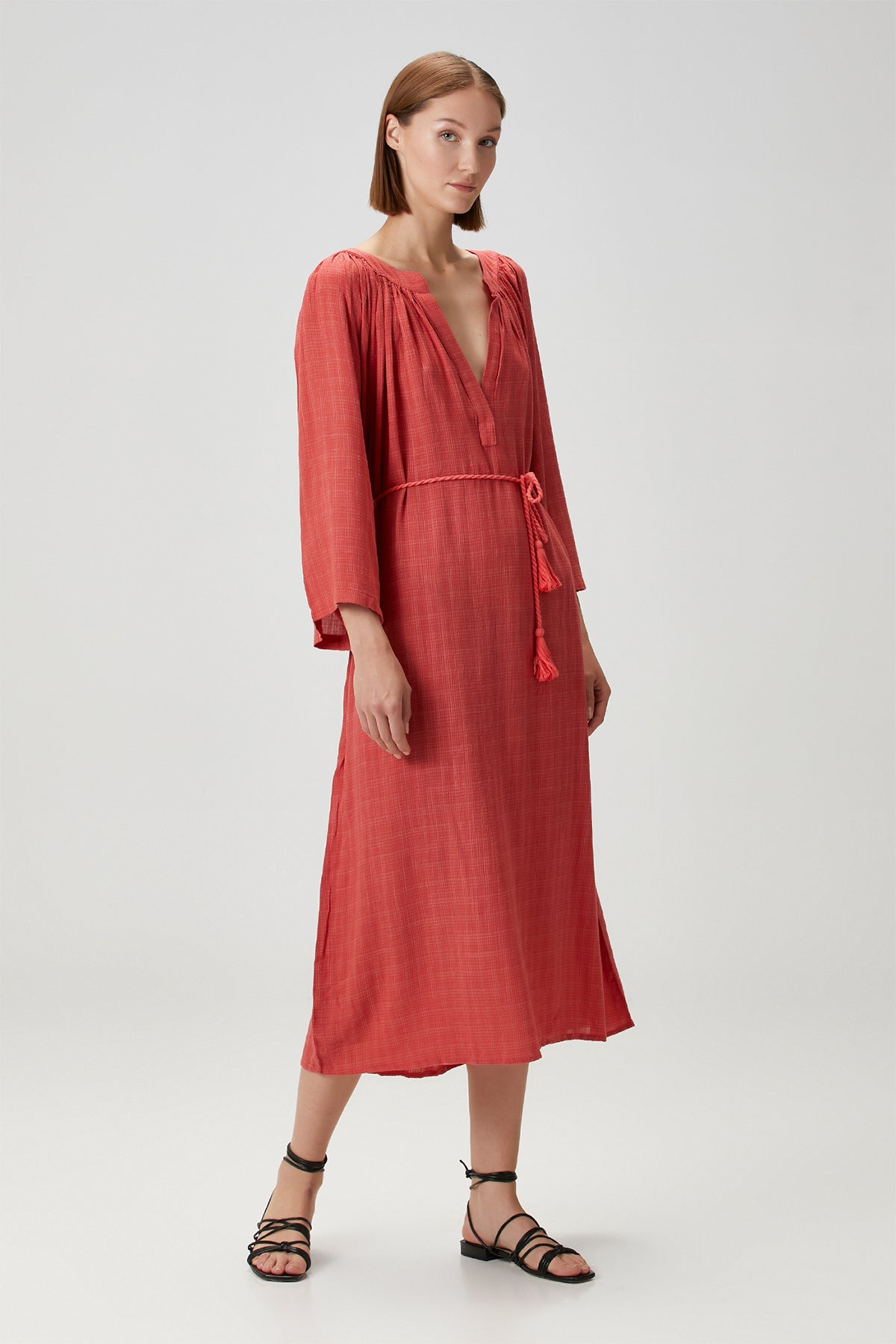 Poseidon Dökümlü Uzun Elbise Kiremit Kırmızısı