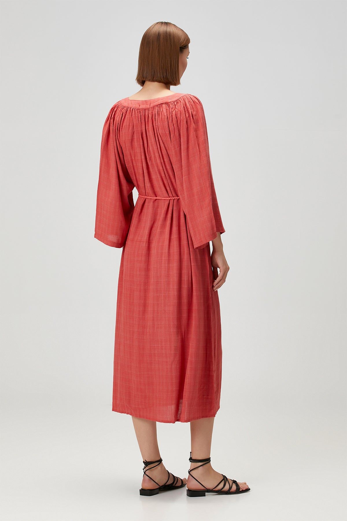 Poseidon Dökümlü Uzun Elbise Kiremit Kırmızısı