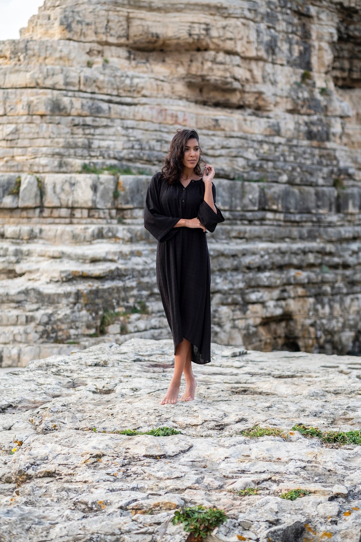 Poseidon Linen Dress (Buttoned) Black