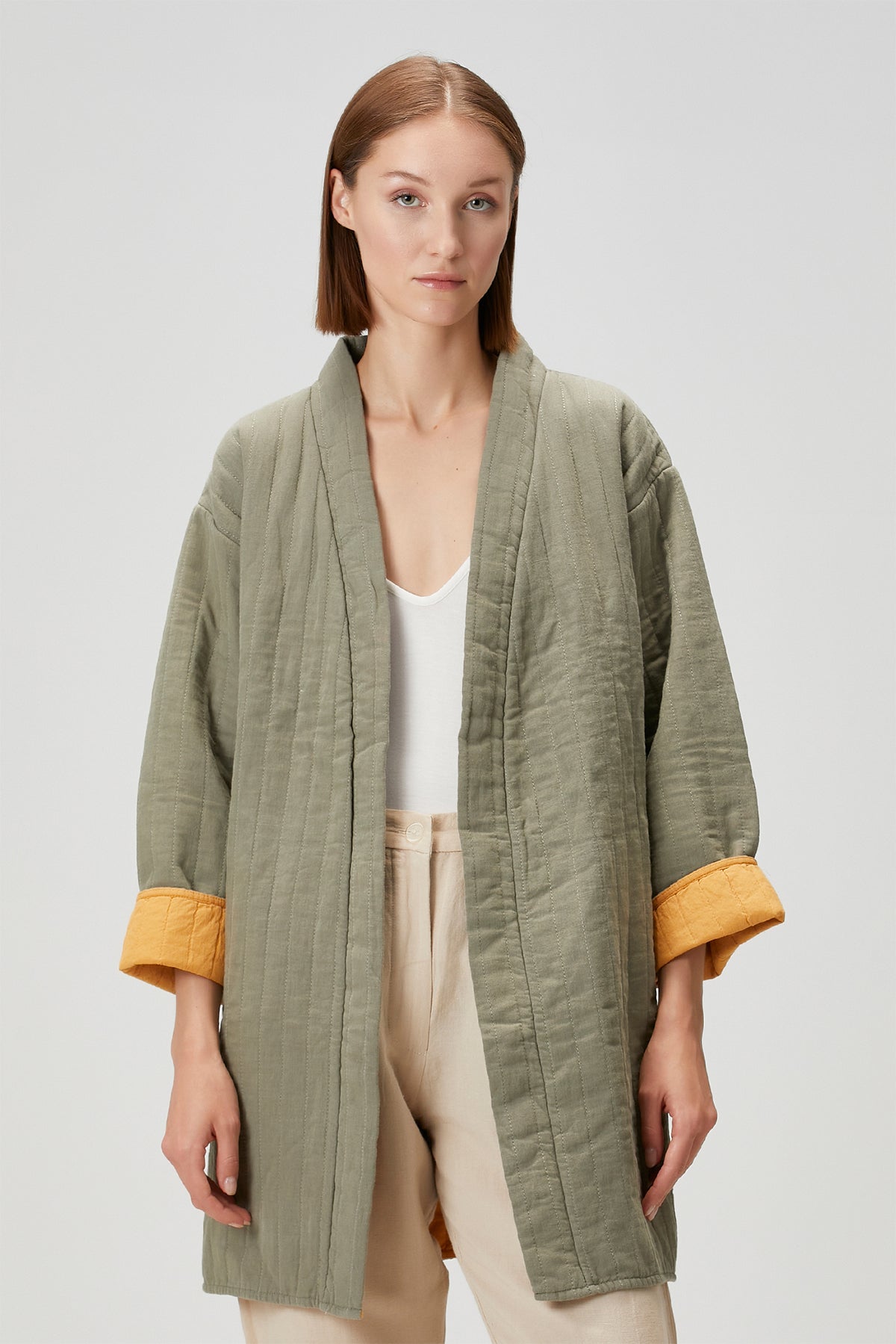 Quilted Keten Ceket Haki-Oak Buff