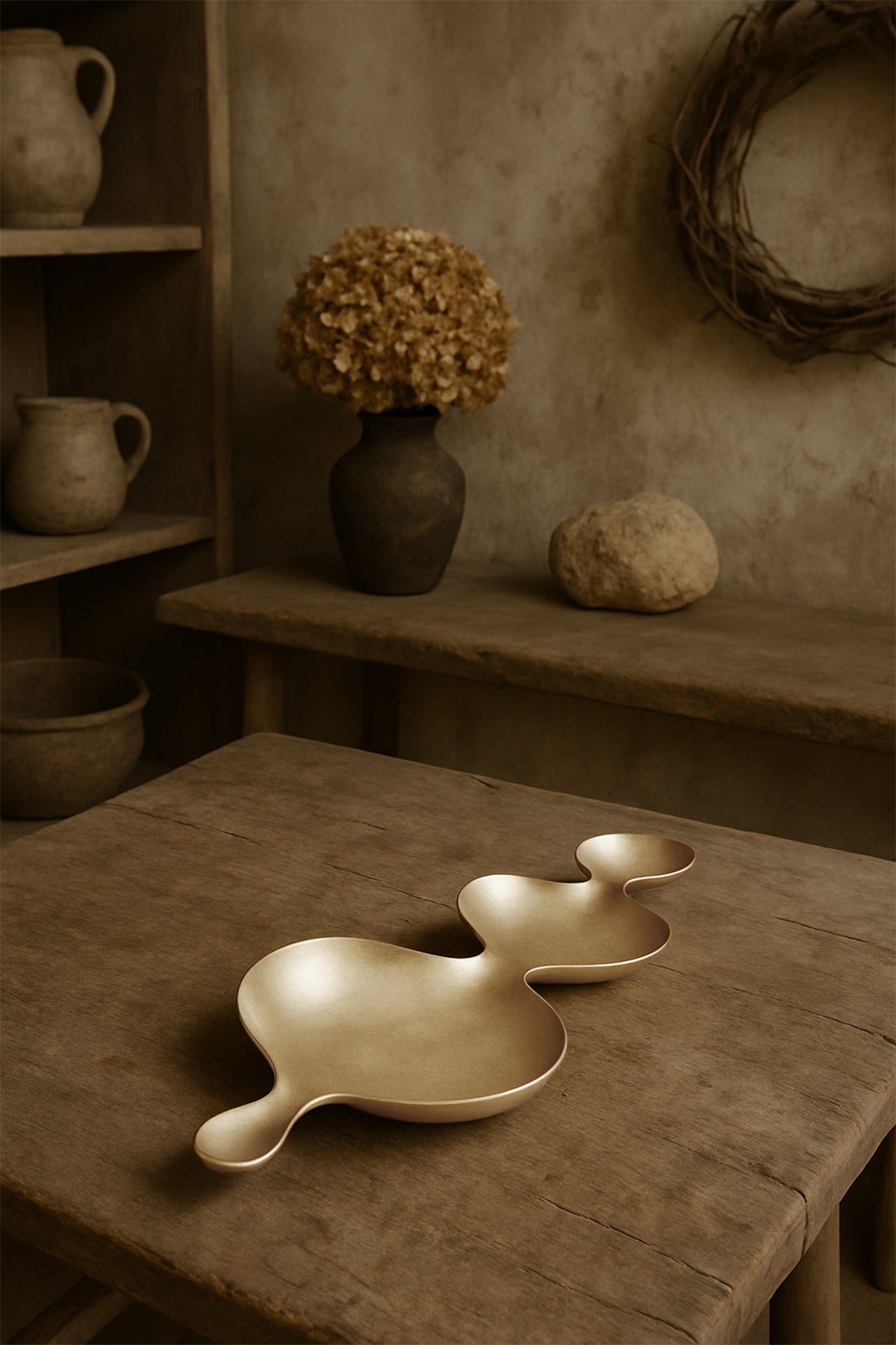 Ruth Mat Pirinç Asimetrik Şekilli Dekoratif Obje Gold 41x16 cm