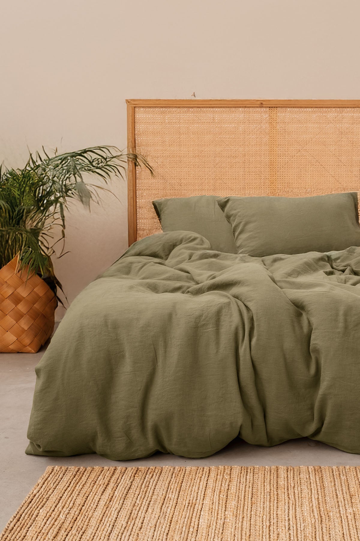 Yıkanmış Keten Çift Kişilik Nevresim Seti Haki