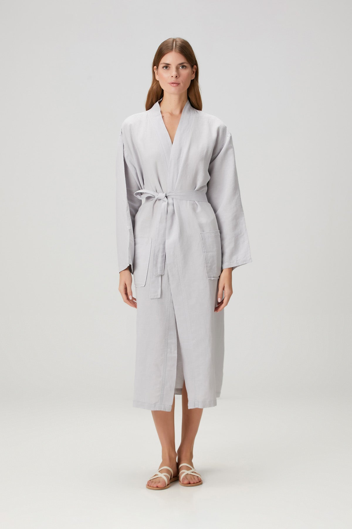 Serenity Yıkanmış Keten Unisex Kimono Açık Gri