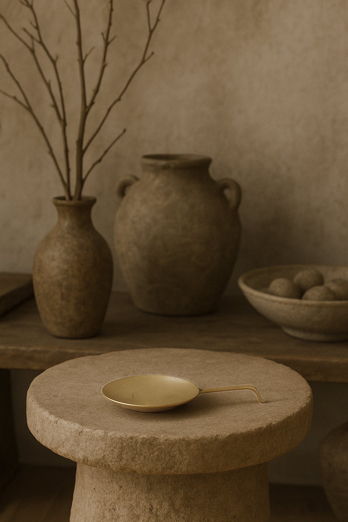 Space Yuvarlak Mat Pirinç Mumluk Dekoratif Obje Gold 10x15