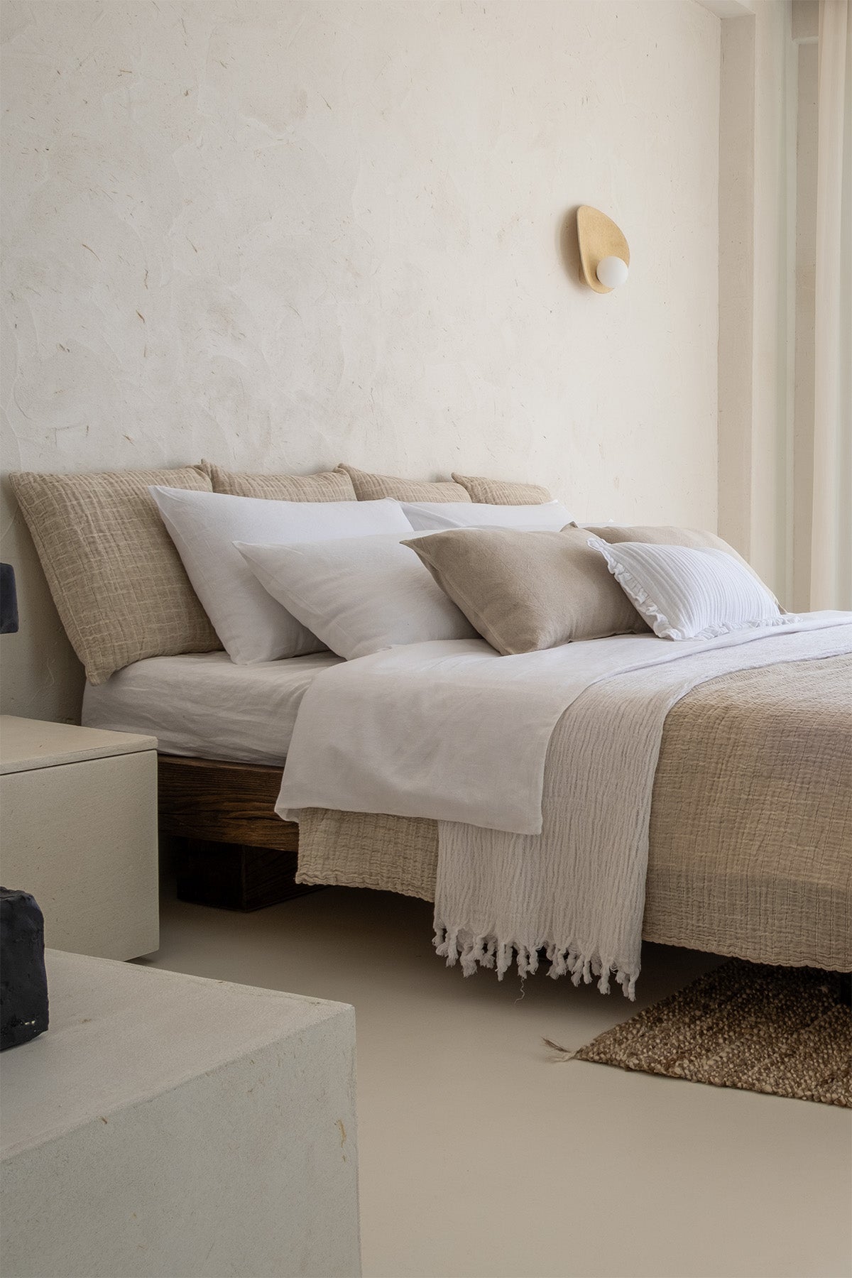 Square Keten Kareli Yatak Örtüsü Naturel
