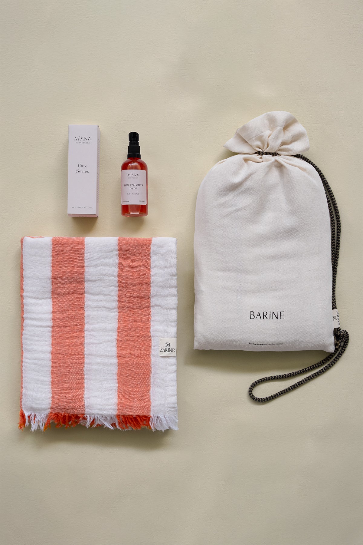 Striped Gauze Peştemal ve Goddess Vibes Kuru Yağ Hediye Seti Turuncu, Taşıma Çantalı