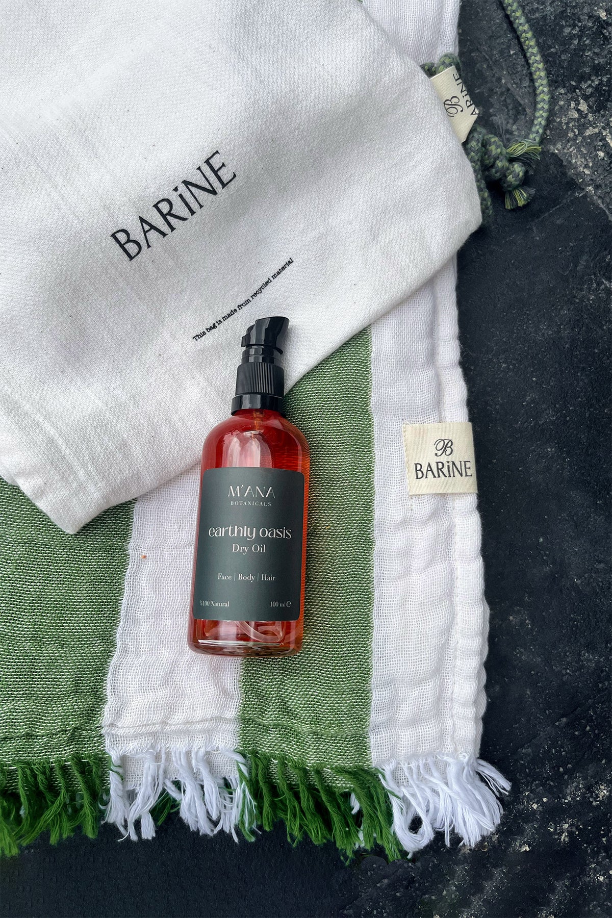 Striped Gauze Peştemal ve Earthy Oasis Kuru Yağ Hediye Seti Yeşil, Taşıma Çantalı