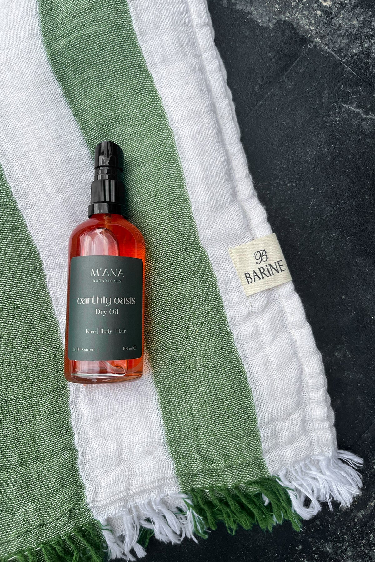 Striped Gauze Peştemal ve Earthy Oasis Kuru Yağ Hediye Seti Yeşil, Taşıma Çantalı