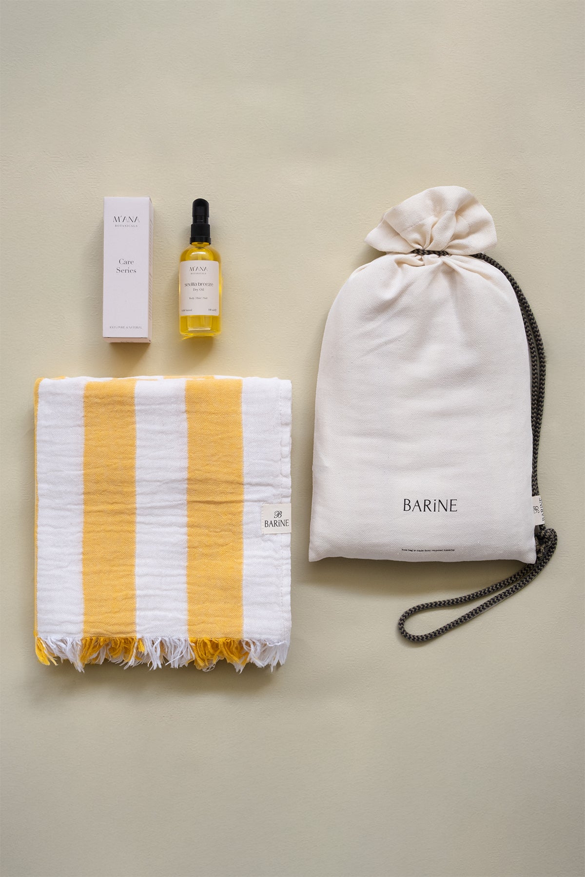 Striped Gauze Peştemal ve Sevilla Breeze Kuru Yağ Hediye Seti Sarı, Taşıma Çantalı