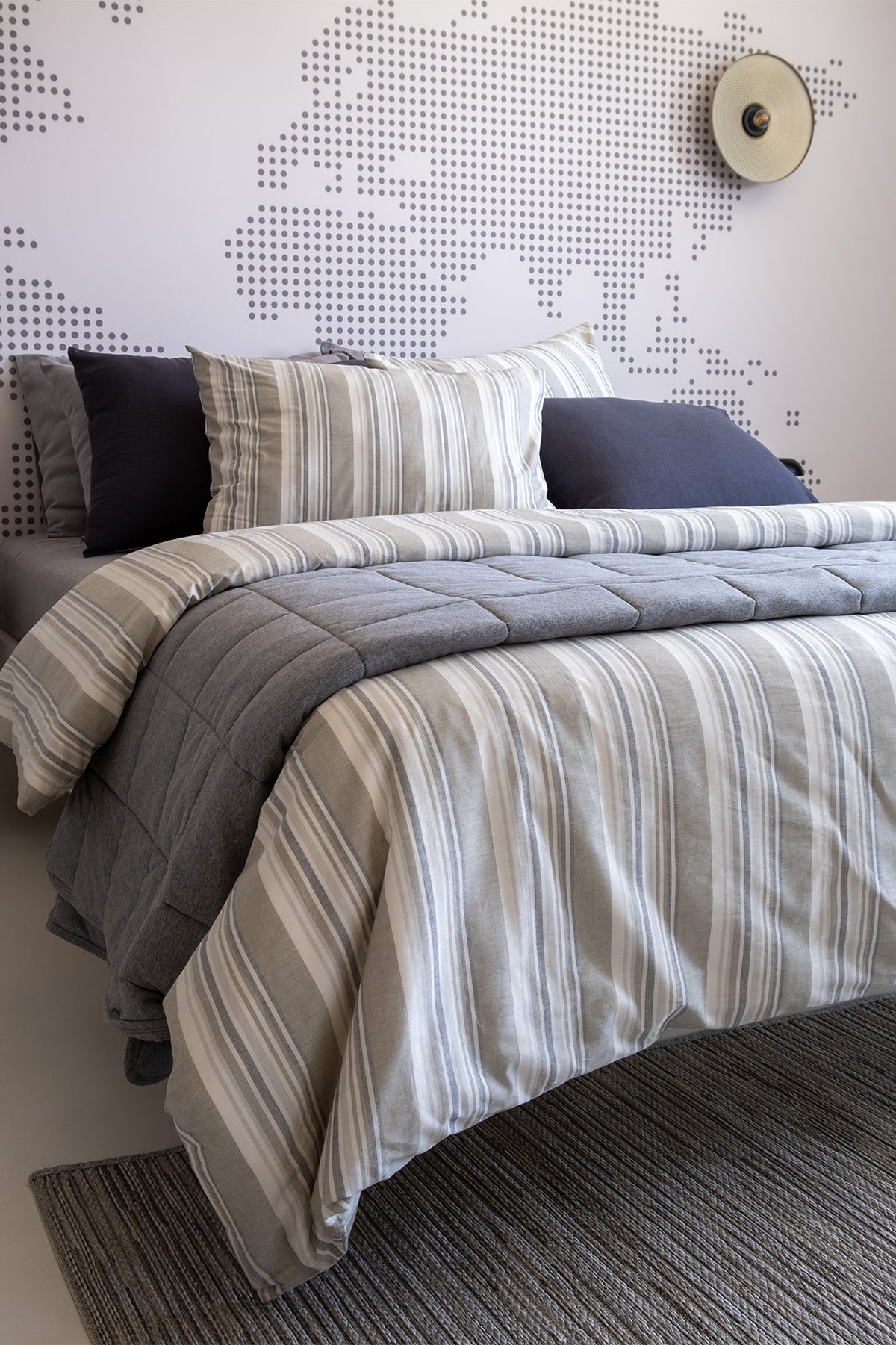 Çizgili Smooth Perkal Çift Kişilik Nevresim Seti Gri Haki