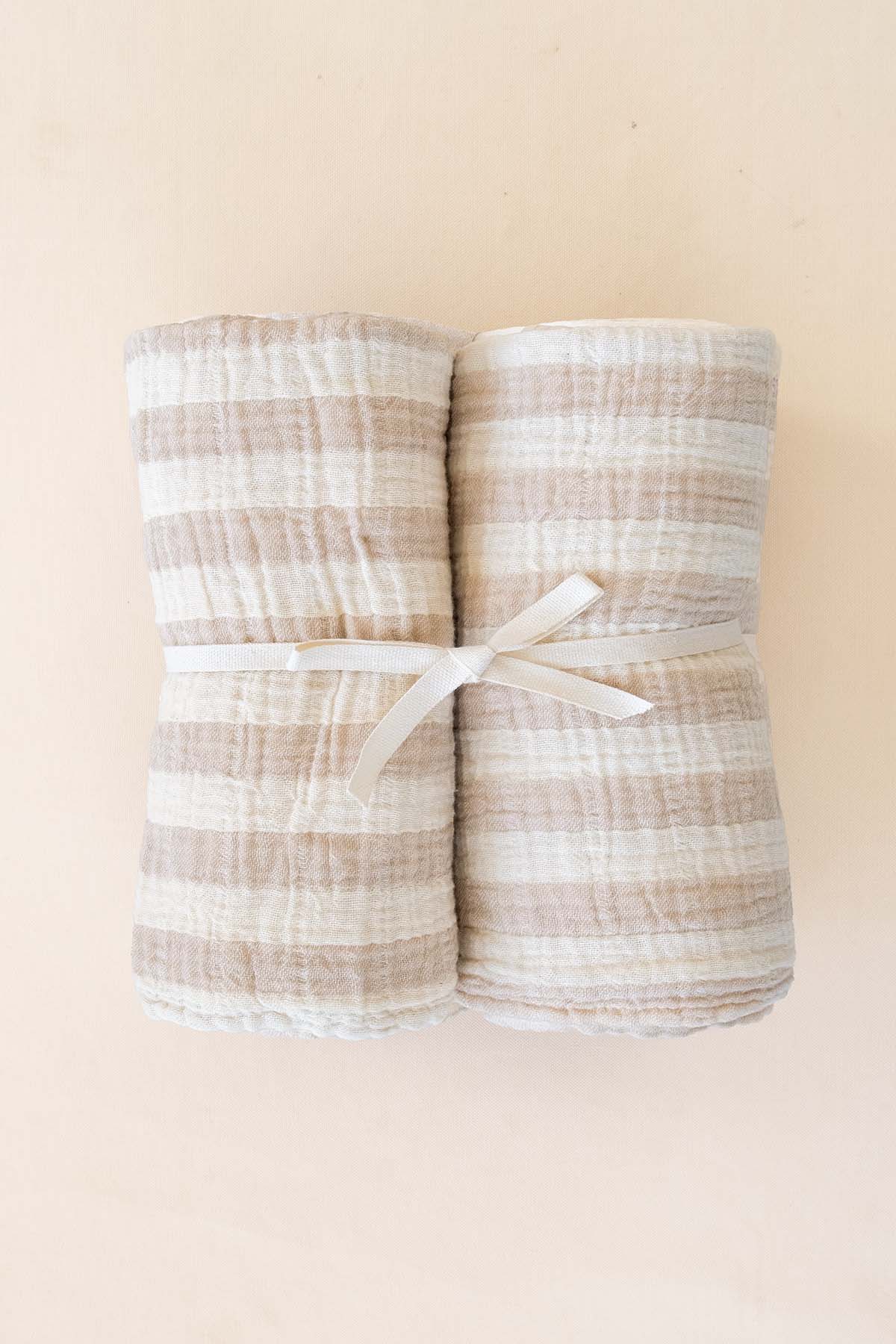 Çizgili İnce Müslin Bebek Örtüsü 2'li Set 100x100 cm Bej