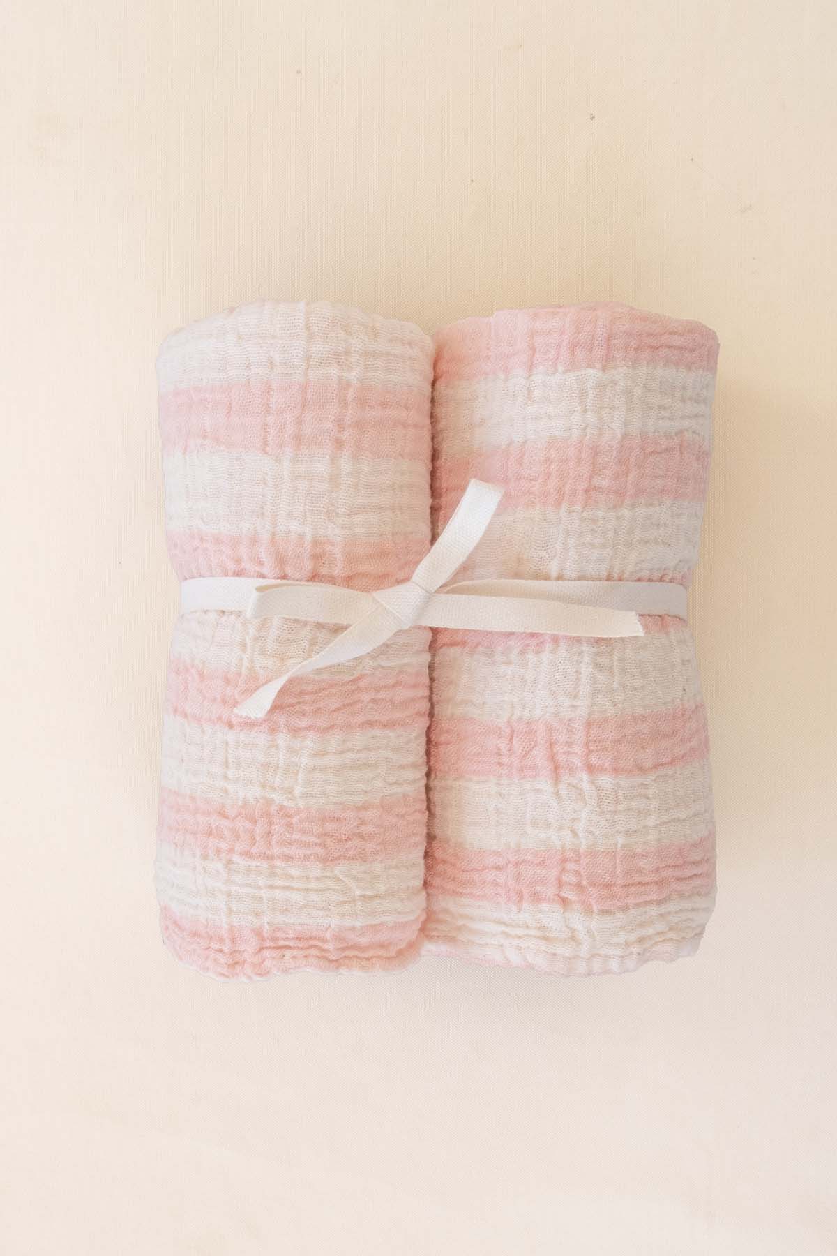 Çizgili İnce Müslin Bebek Örtüsü 2'li Set 80x80 cm Pembe