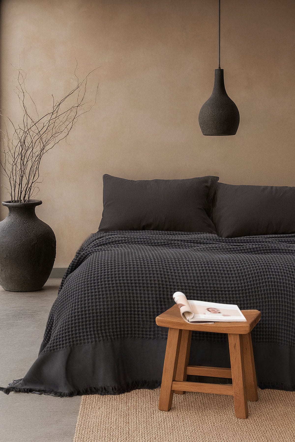 Waffle Büyük Gofre Yatak Örtüsü Antrasit