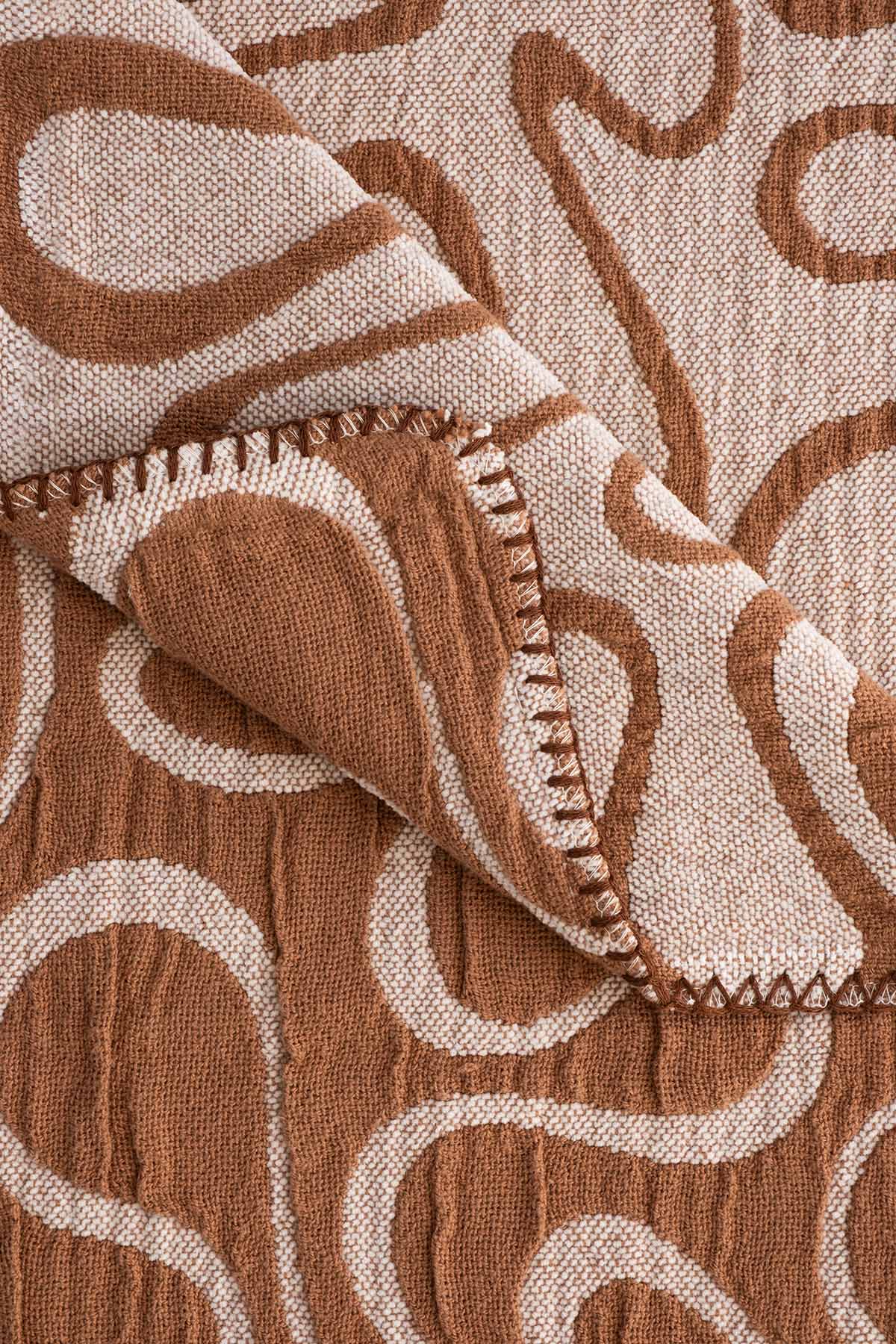 Dalga Jakarlı Pamuk Şönil Koltuk Şalı, TV Battaniyesi Kahverengi