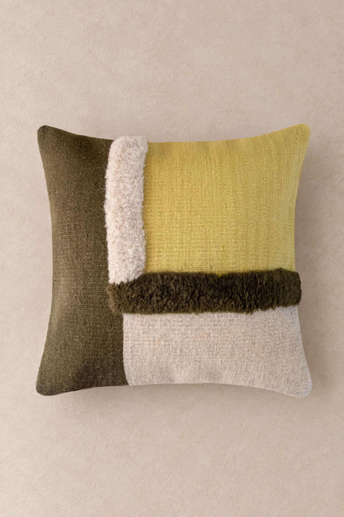 Handmade Wool Cushion Cover with Block Tufting Detail Green