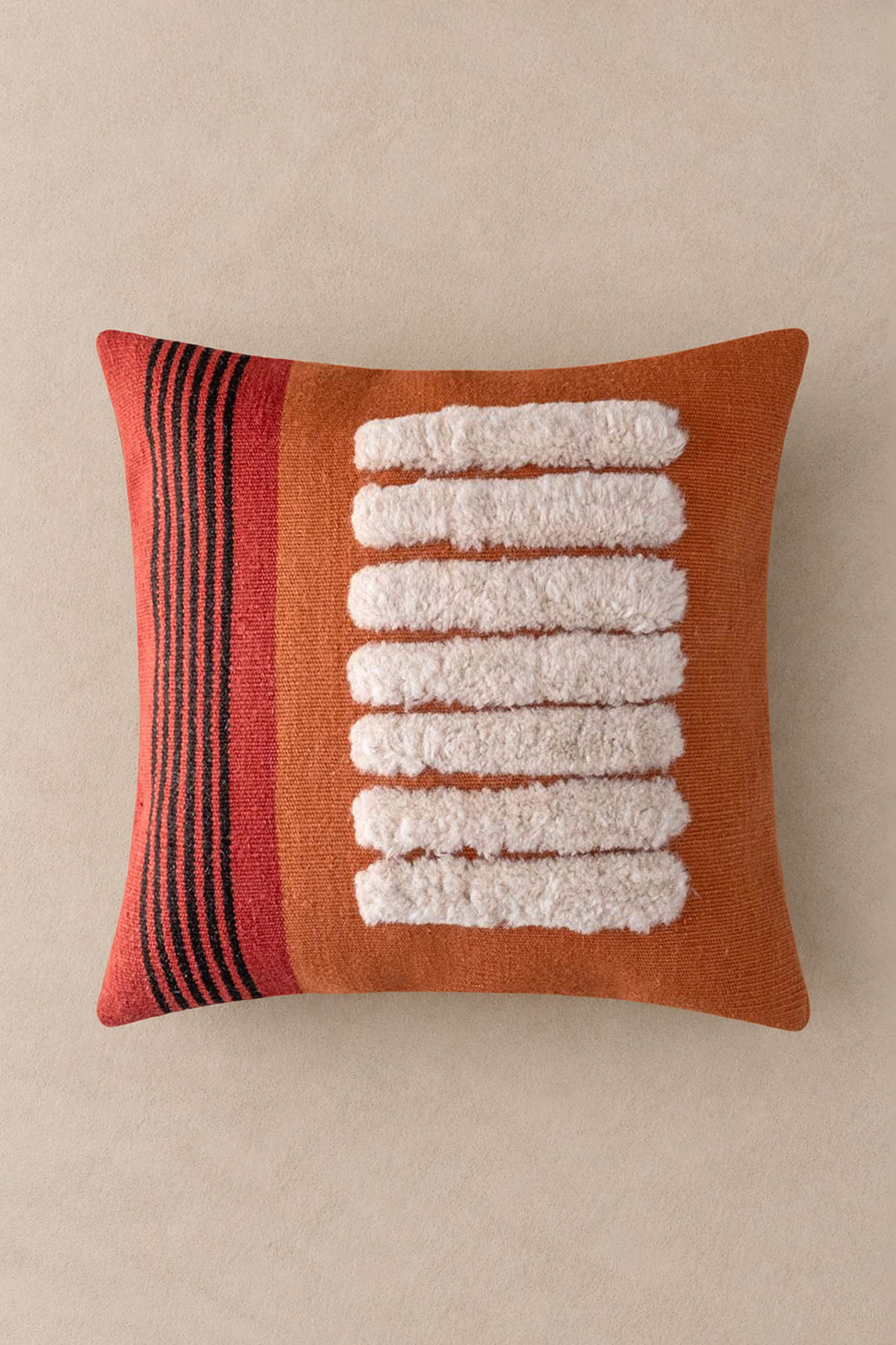 Striped Tufting Detailed Hand-Woven Wool Throw Pillow Cover Terracotta