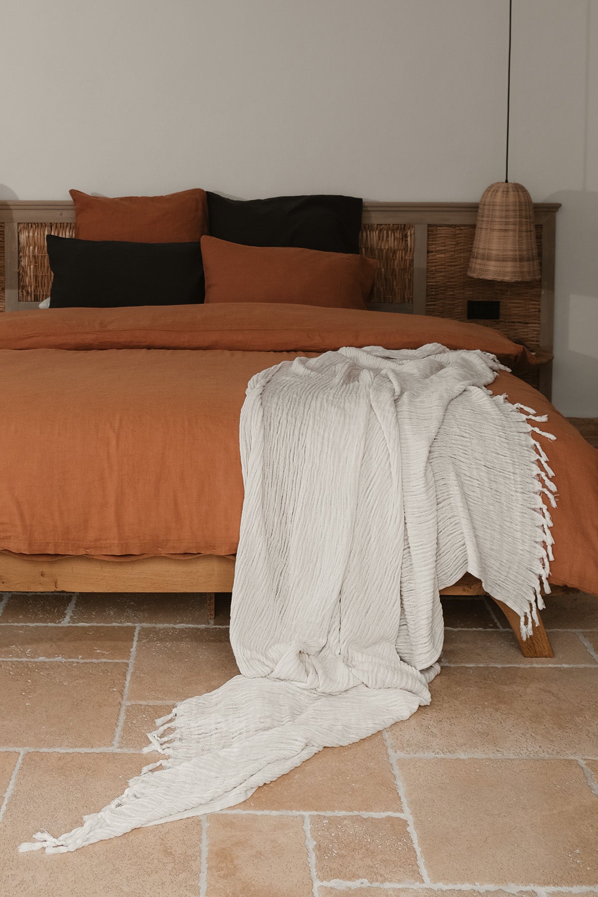 Wrinkled Keten Karışımlı Koltuk Şalı, Battaniye Kırık Beyaz XL