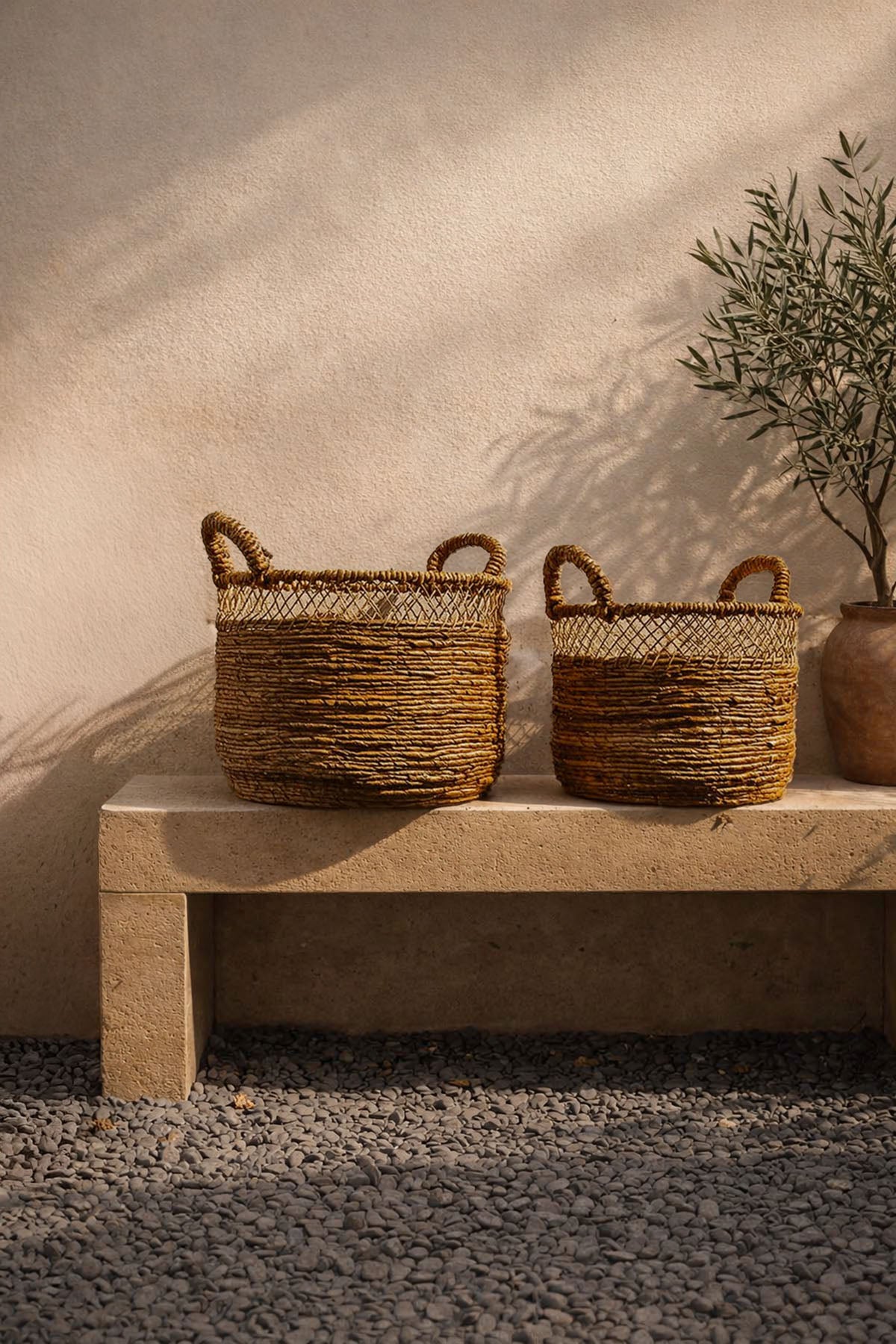 Muz Lifinden Rattan Yuvarlak Ajurlu Dekoratif Sepet