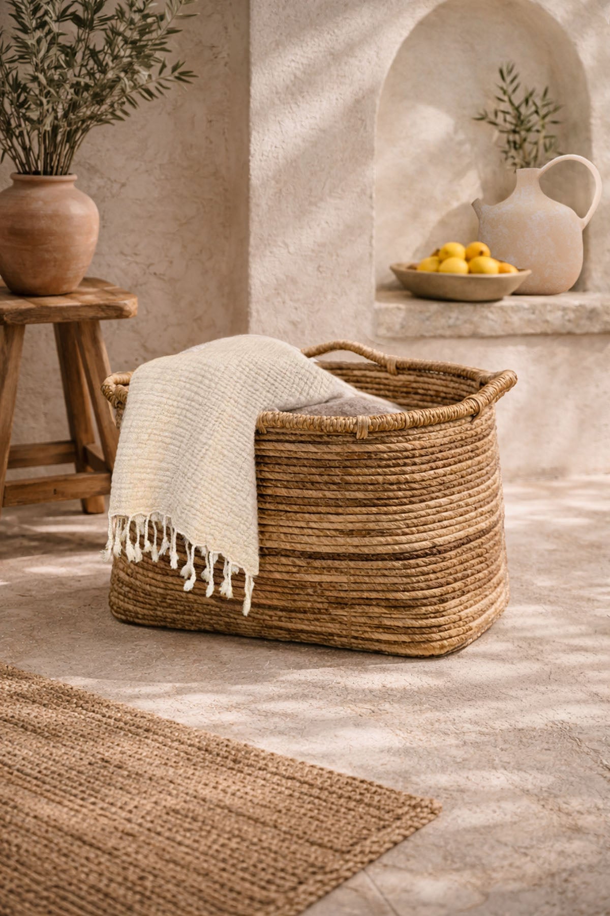 Muz Ağacı Lifinden Tabanı Kare Üst Kısmı Yuvarlak Dekoratif Sepet