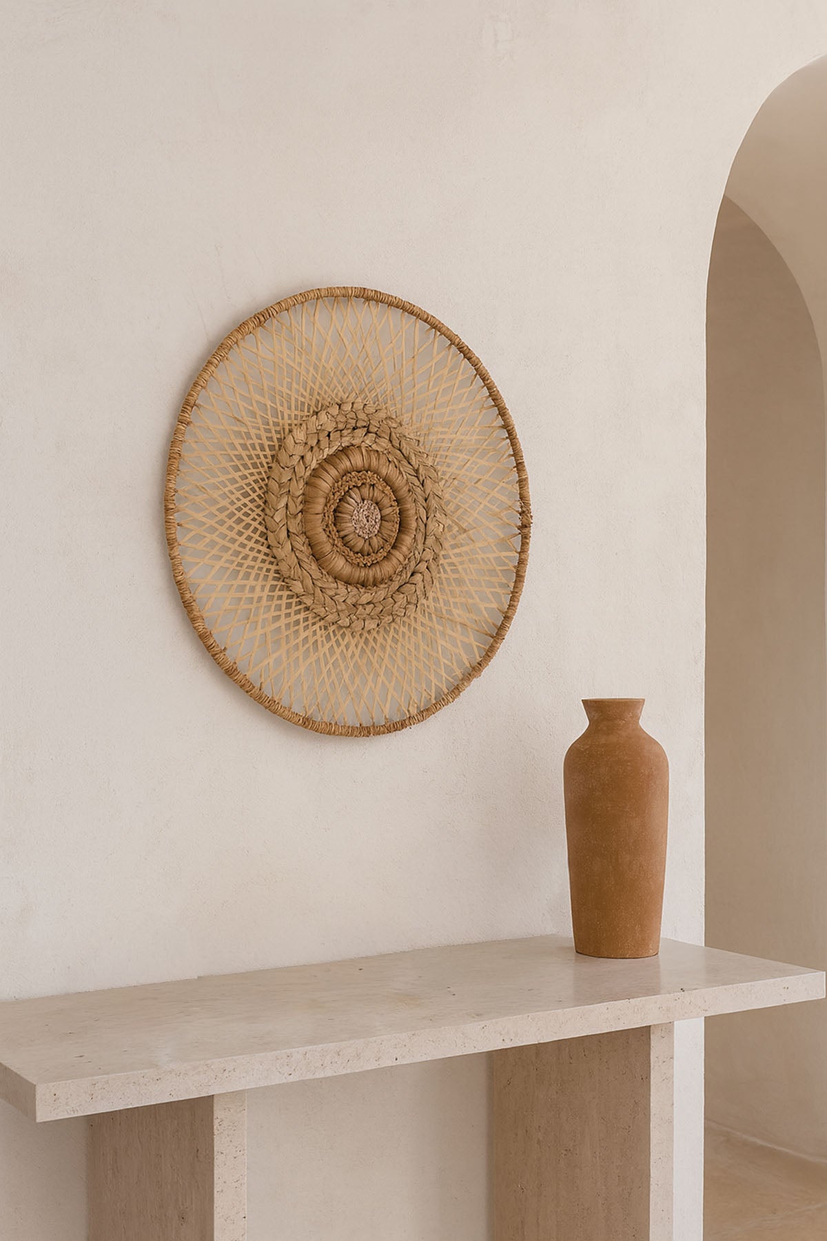 Su Sümbülü & Muz & Bambu Liflerinden Yuvarlak Duvar Dekoru 55 cm