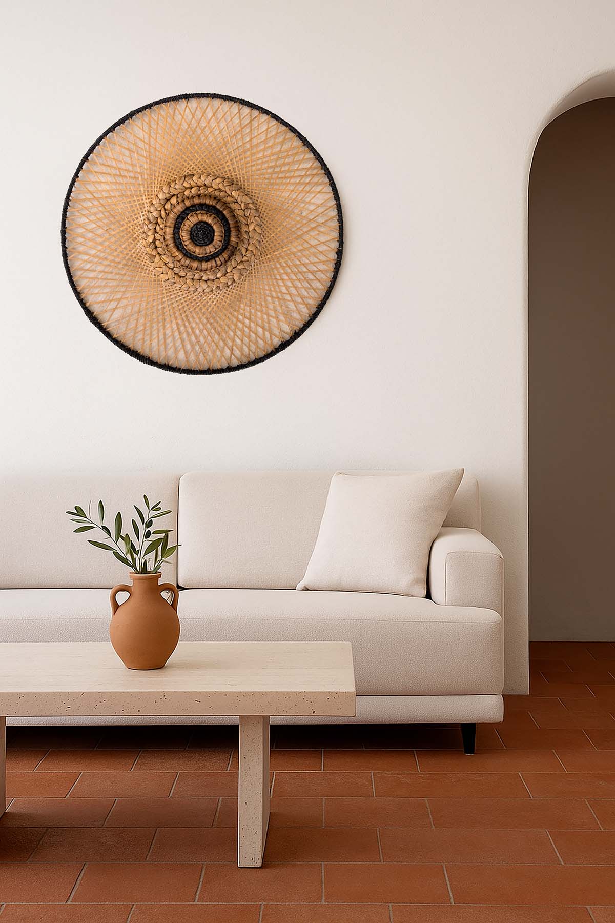 Su Sümbülü & Muz & Bambu Liflerinden Yuvarlak Duvar Dekoru 73 cm