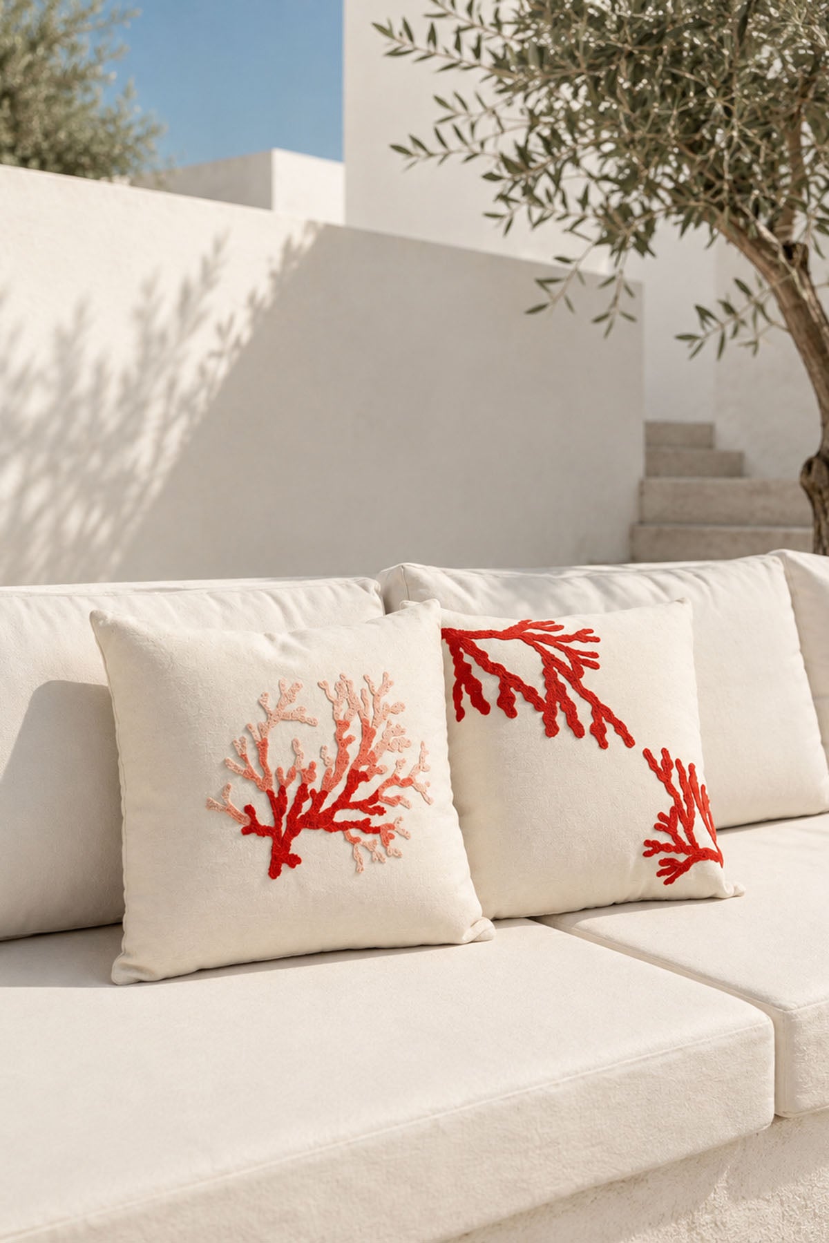 Coral Embroidered Throw Pillow Cover Ecru-Coral 45 x 45 cm
