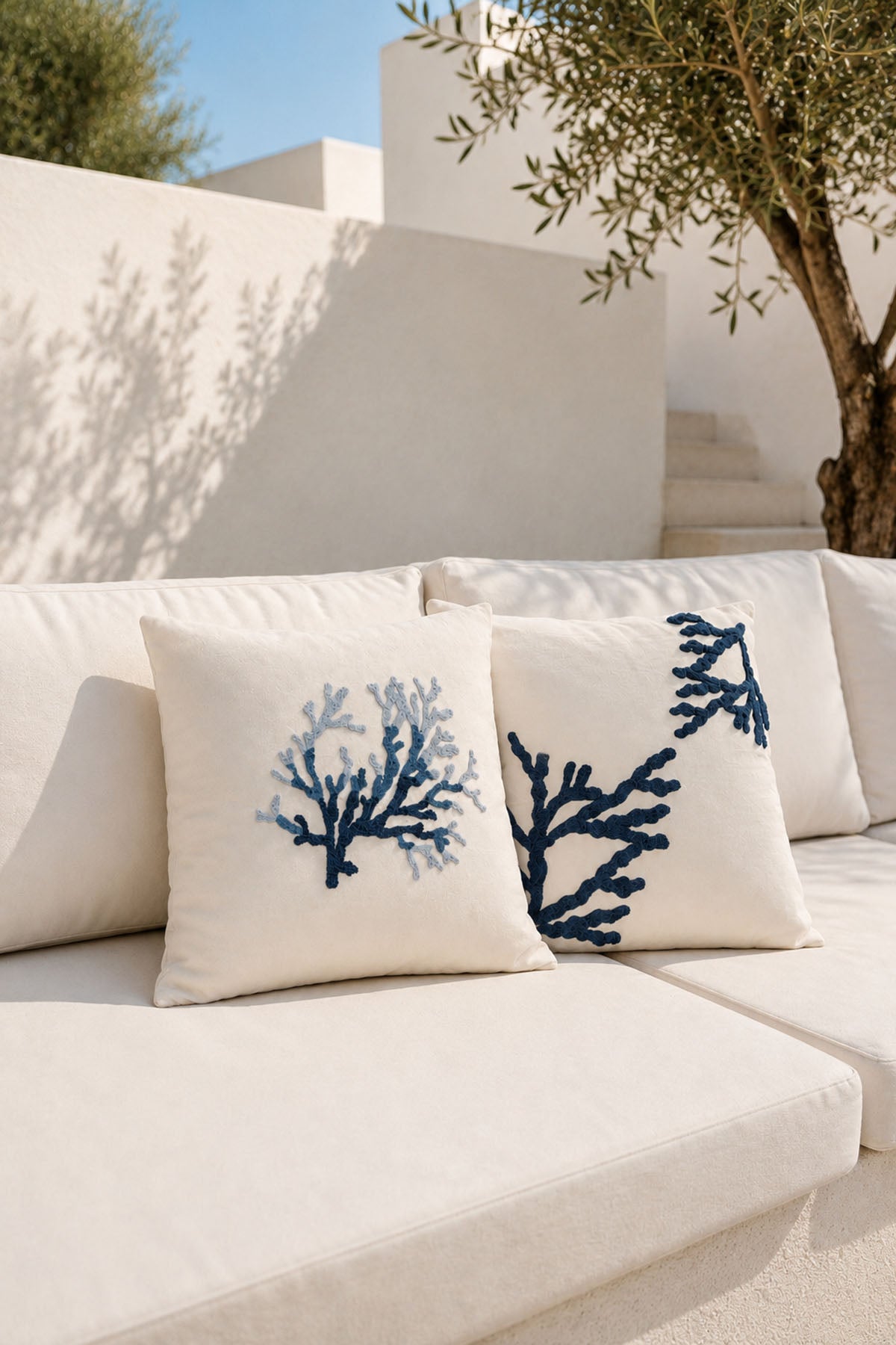 Coral Embroidered Pillow Cover Ecru-Navy 45 x 45 cm