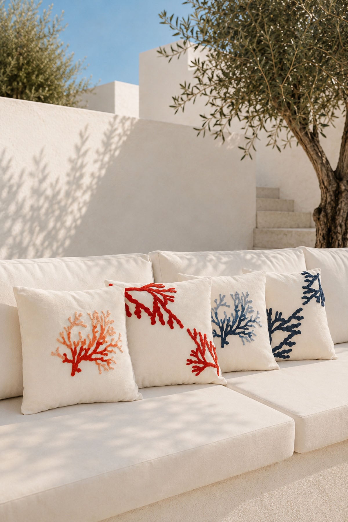 Coral Embroidered Pillow Cover Ecru-Navy 45 x 45 cm