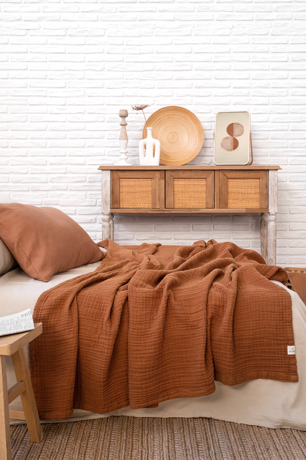 Keten 4 Katlı Müslin Koltuk Şalı Battaniye Toprak Rengi