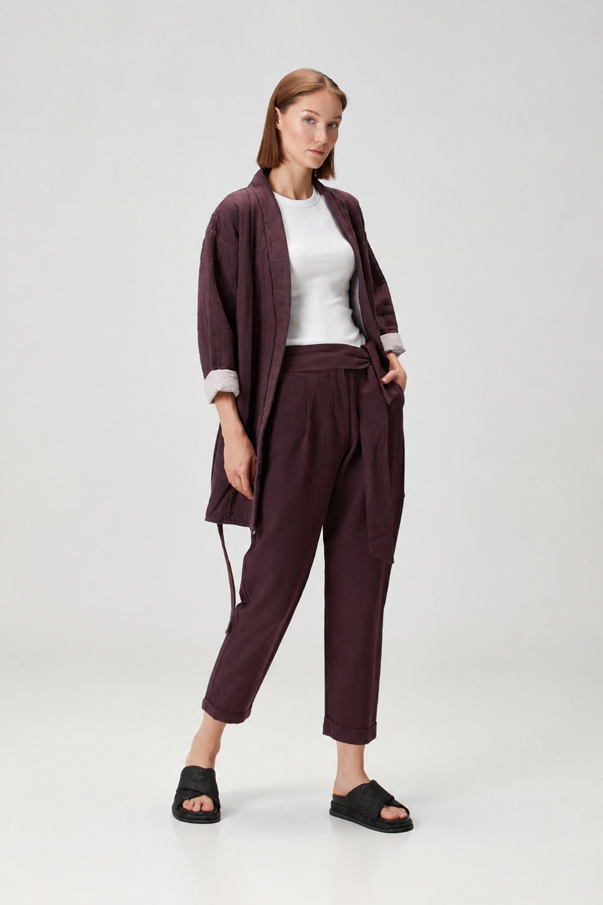 Kemerli Keten Karışımlı Pantolon Bordo