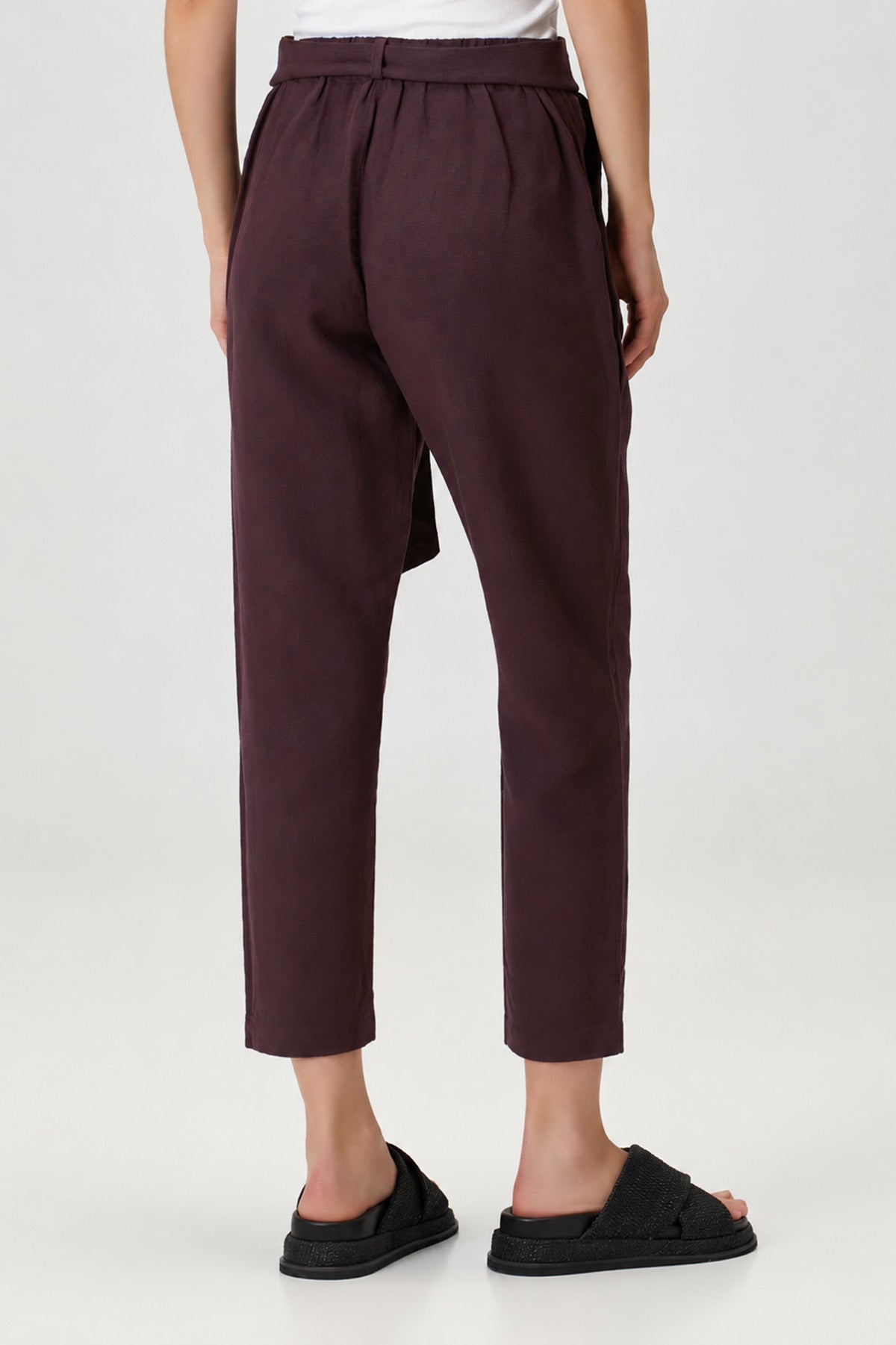 Kemerli Keten Karışımlı Pantolon Bordo