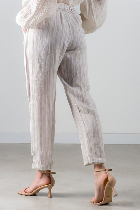 Полосатые льняные брюки с поясом