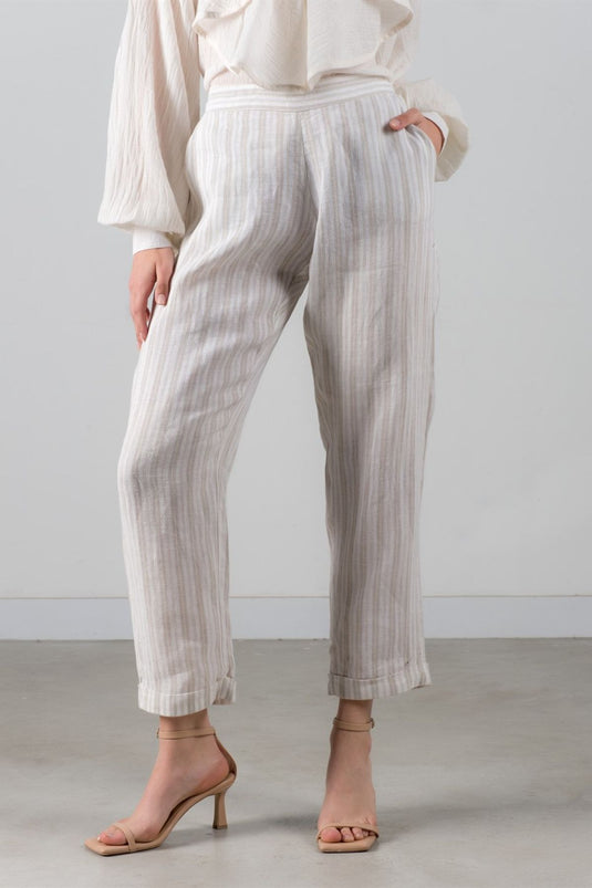 Belted Linen Trousers Striped