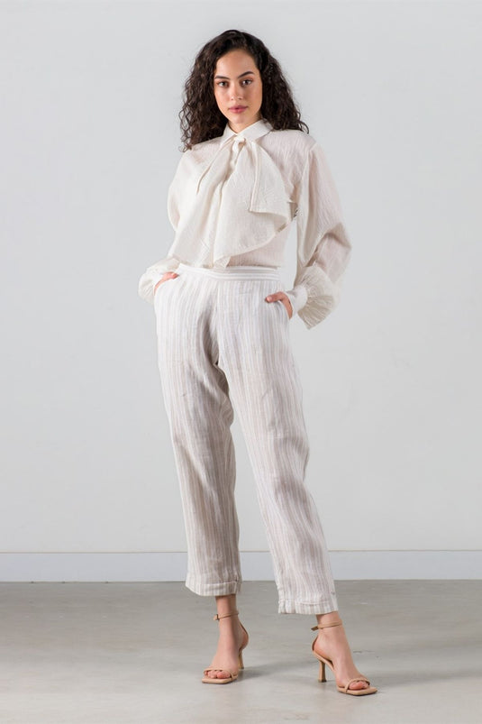 Belted Linen Trousers Striped