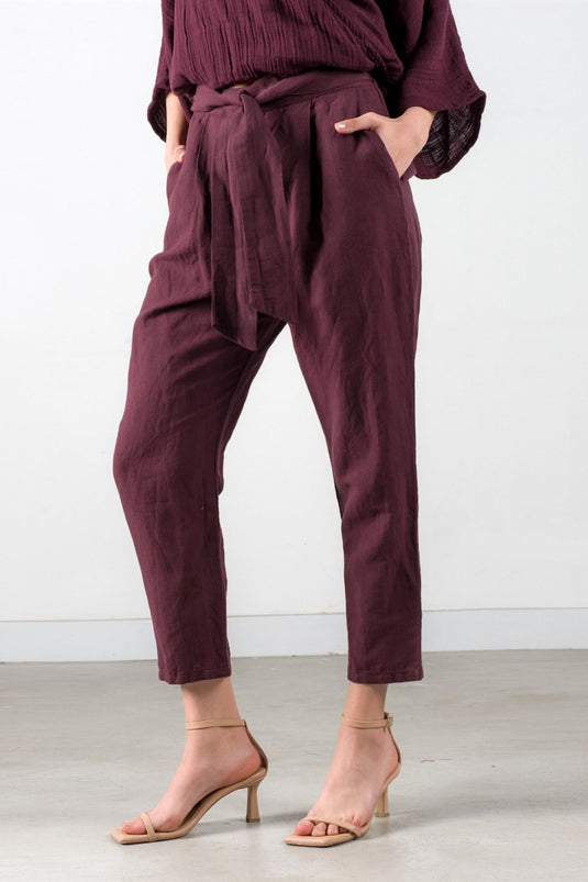 Belted Linen Trousers Wine
