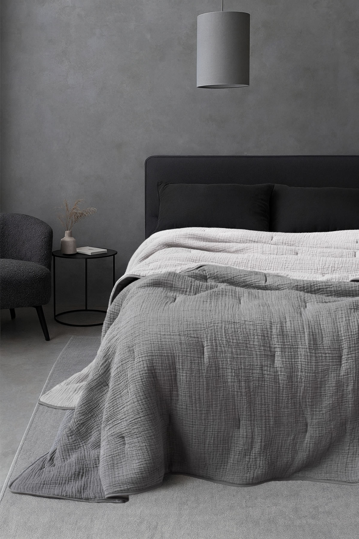 Koza Nevresim Gerektirmeyen Pamuk Müslin Yorgan , Yatak Örtüsü Koyu Gri