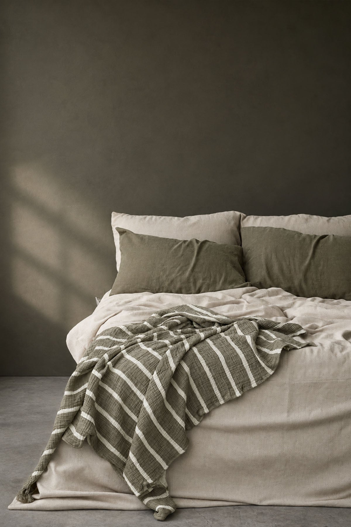 Striped Cotton Muslin Armchair Throw. Khaki Blanket
