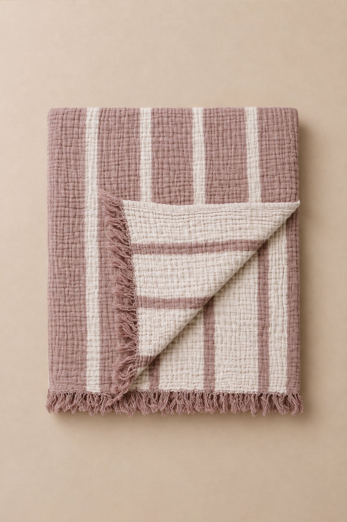 Striped Cotton Muslin Armchair Shawl. Blanket Dried Rose