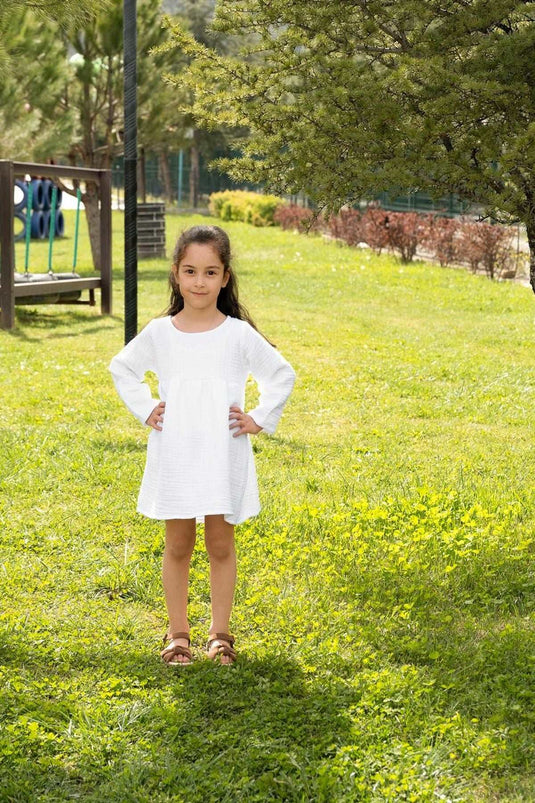 Cocoon Uzun Kollu Çocuk Elbise Beyaz