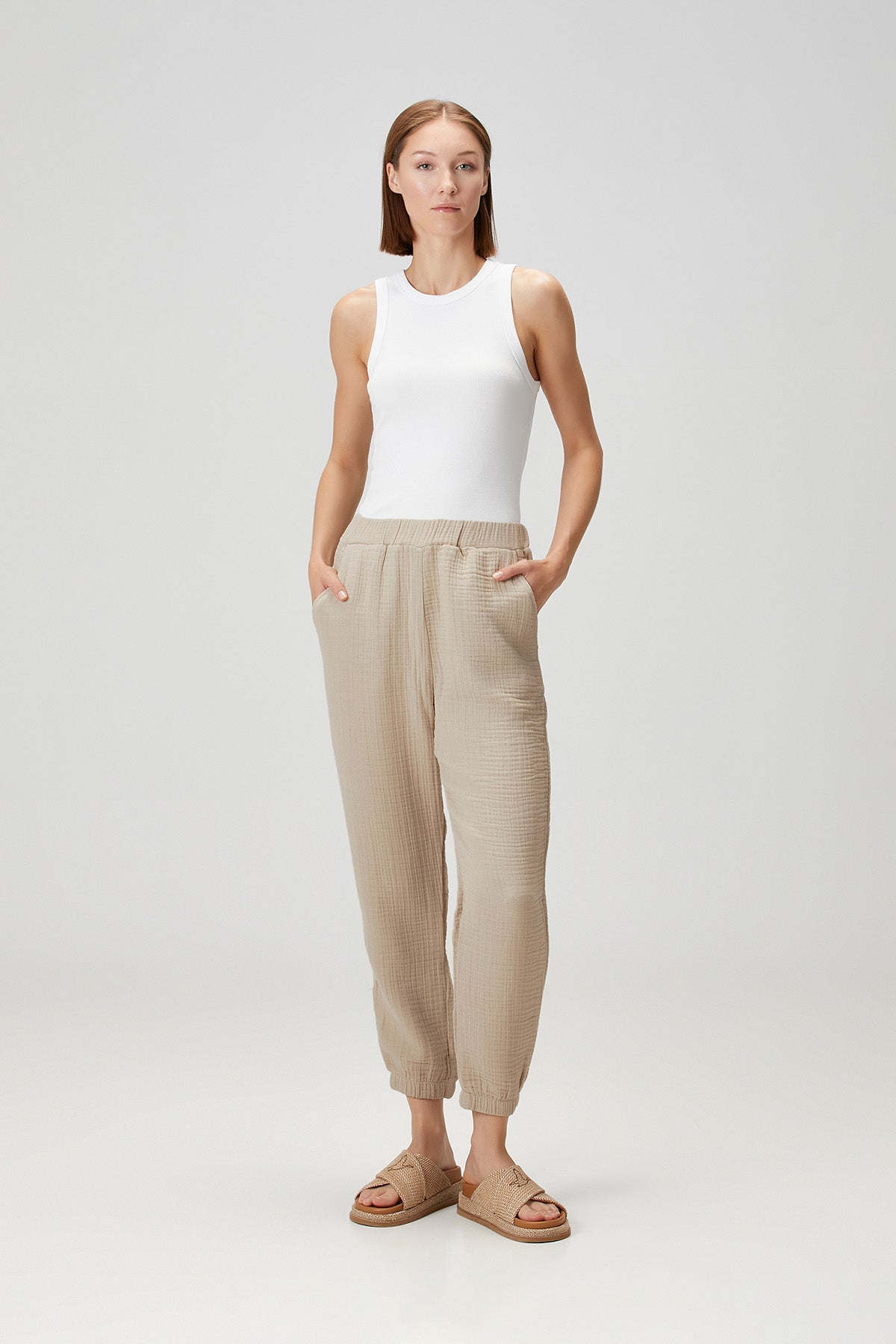 Pamuk 4 Katlı Müslin Pijama Pantolon Bej