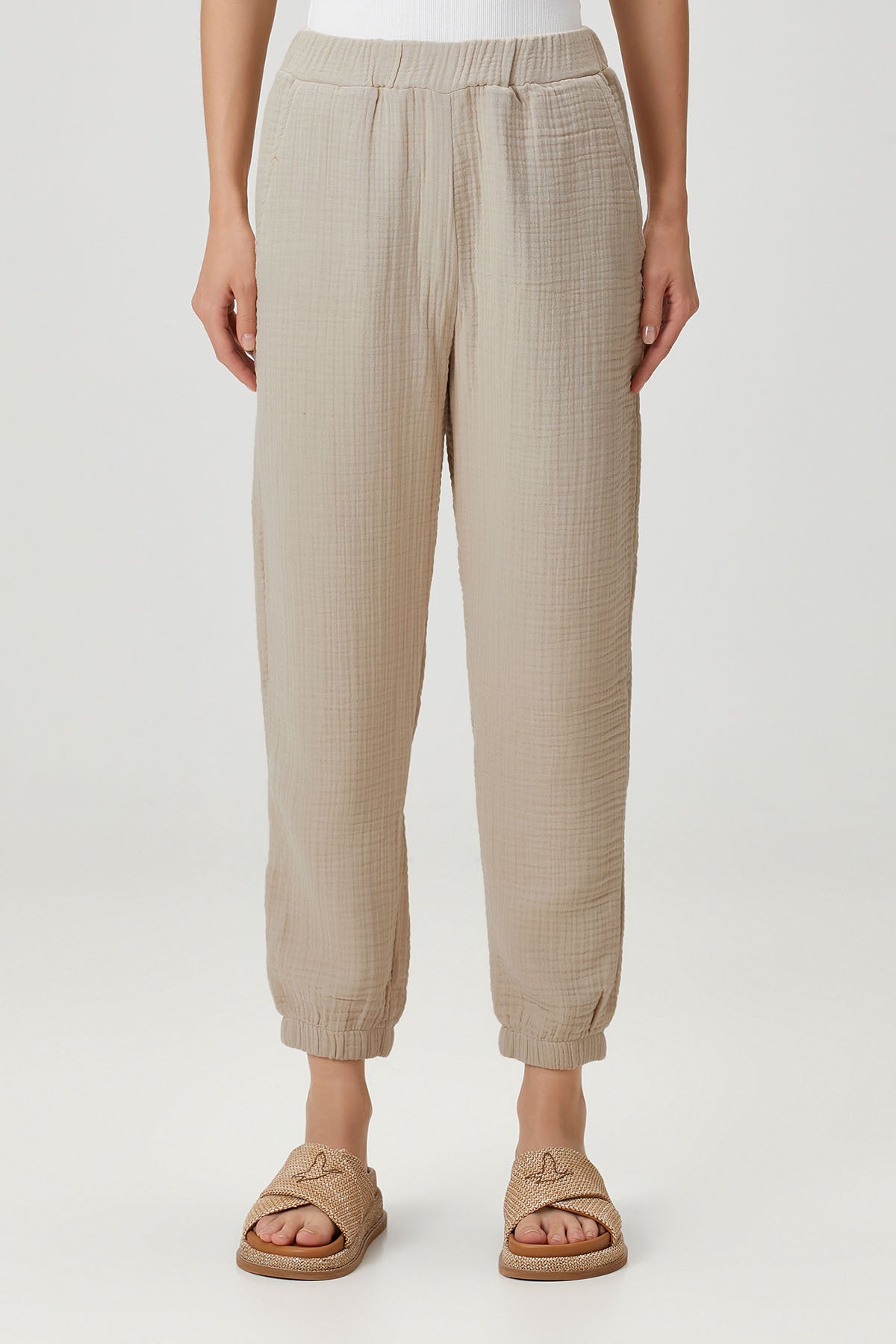 Pamuk 4 Katlı Müslin Pijama Pantolon Bej