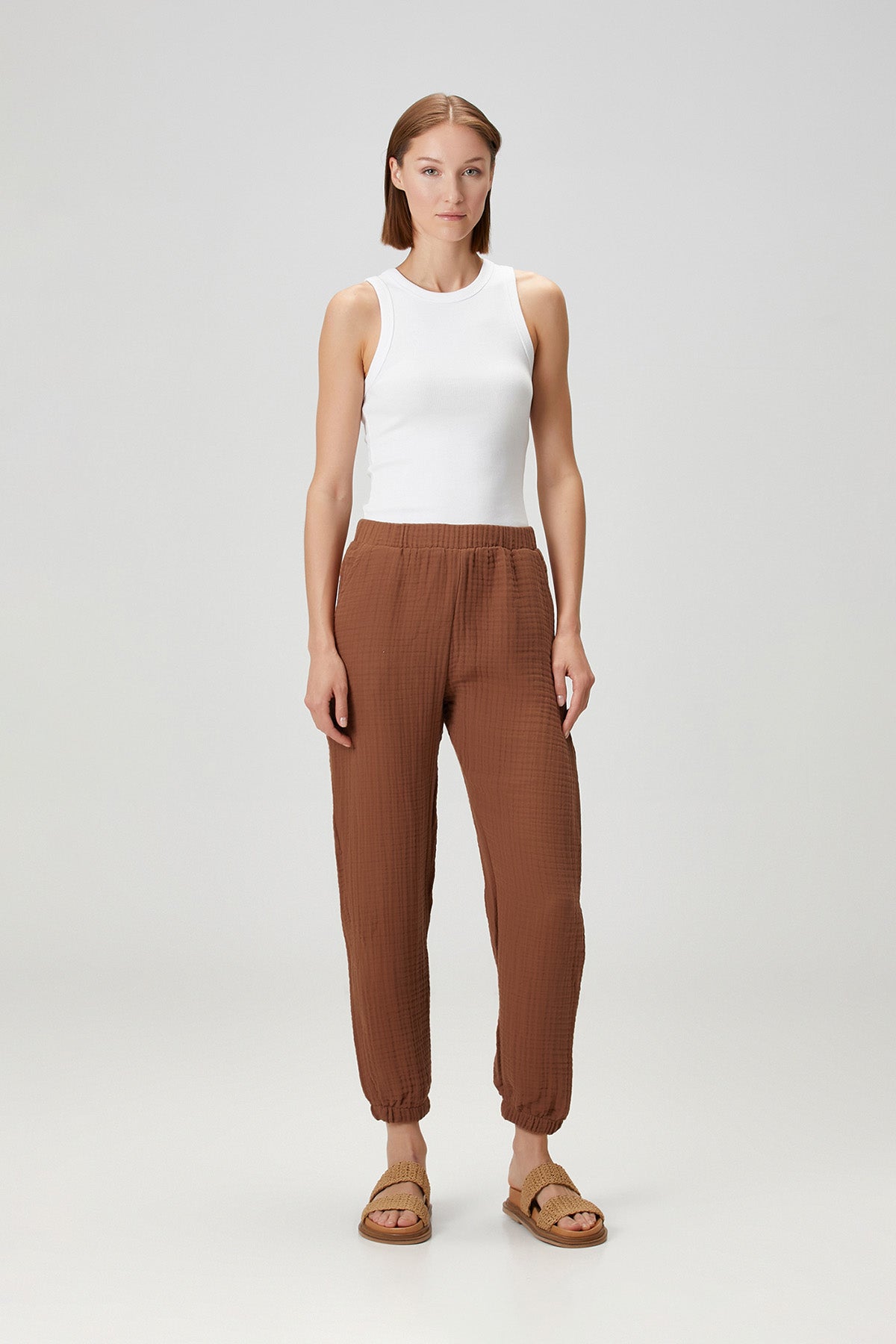 Pamuk 4 Katlı Müslin Pijama Pantolon Kahverengi