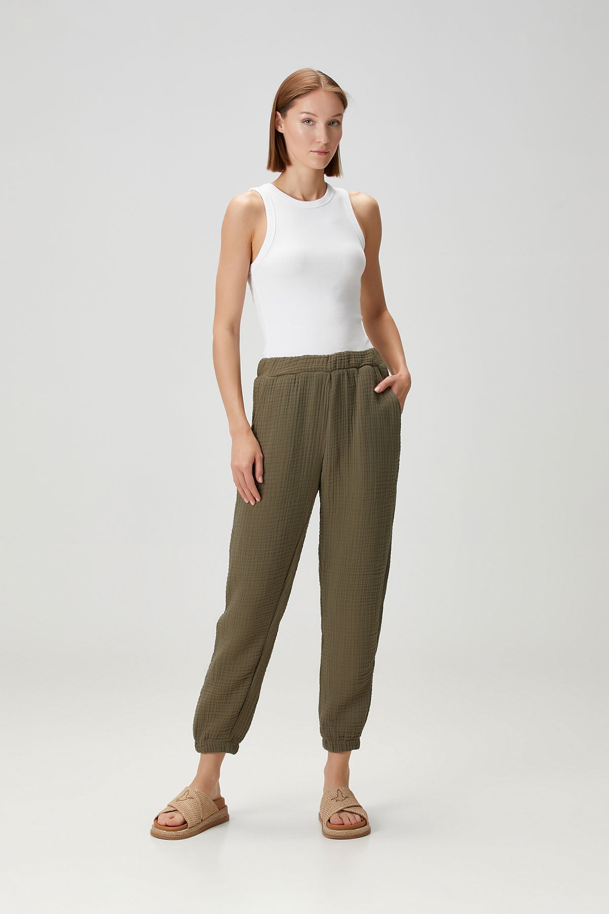 Pamuk 4 Katlı Müslin Pijama Pantolon Haki