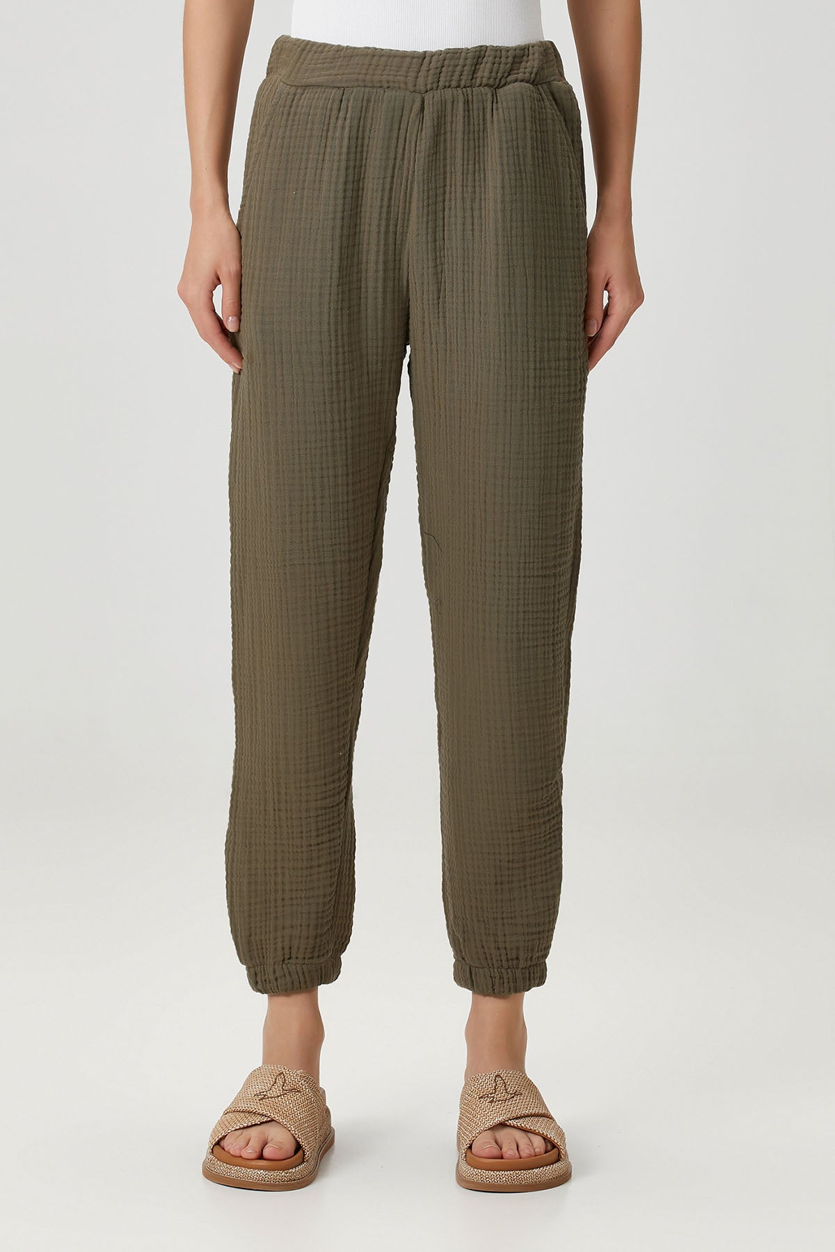 Pamuk 4 Katlı Müslin Pijama Pantolon Haki