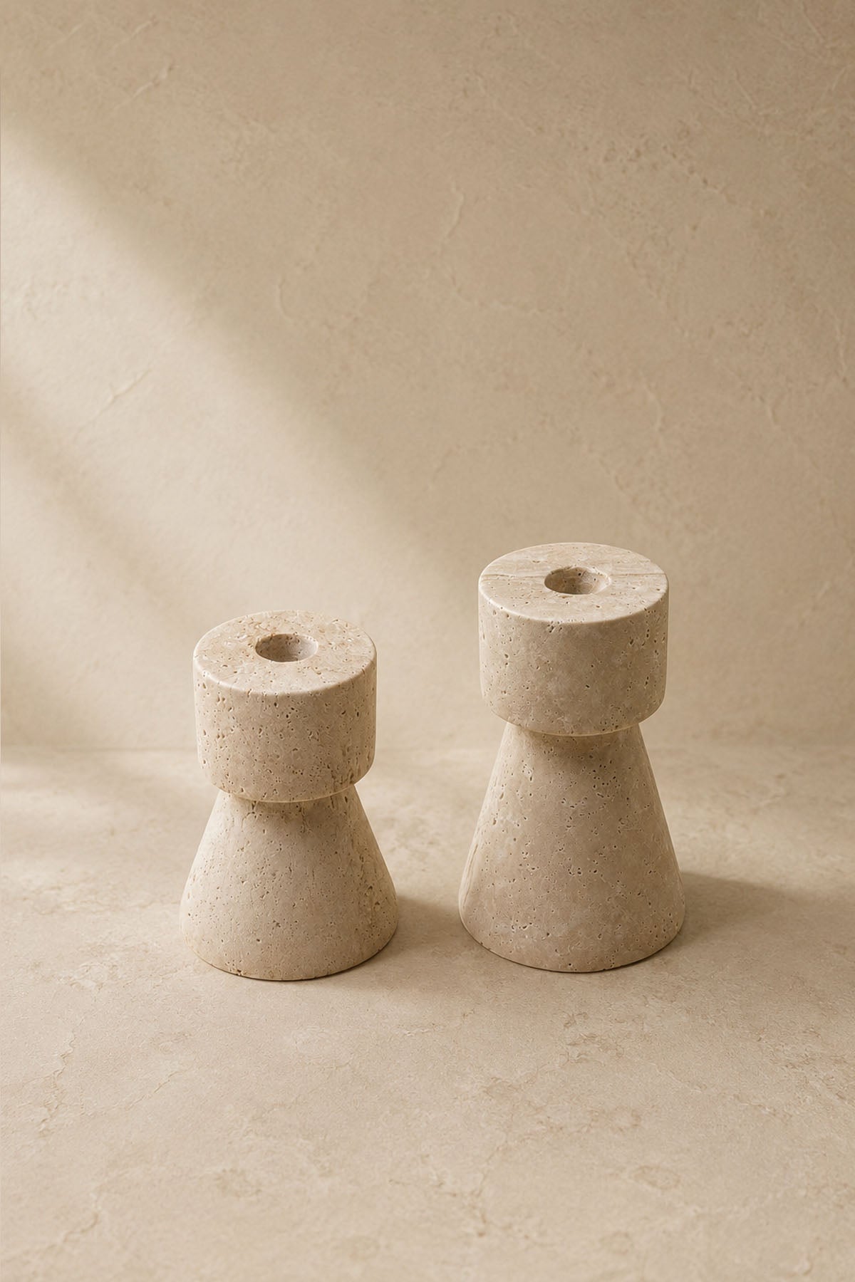 Dekoratif Traverten Mermer Şamdan Mumluk 2'li Set 8x10-8x13
