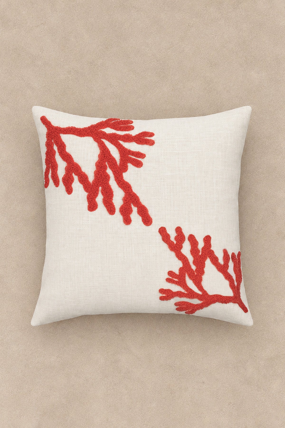 Coral Embroidered Throw Pillow Cover Ecru-Coral 45 x 45 cm