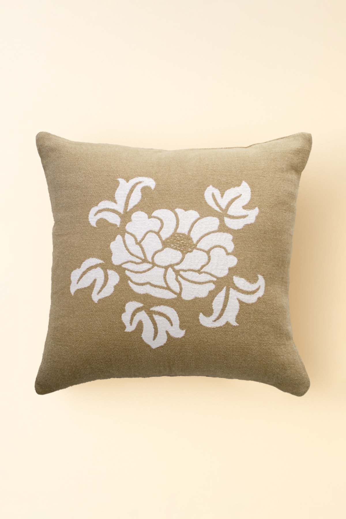 Floral Jakarlı Keten Karışımlı Kırlent Kılıfı