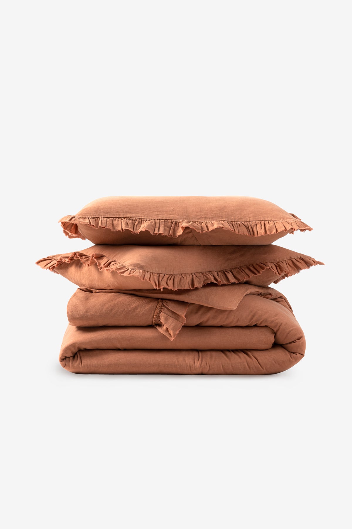 Frill Fırfırlı Keten Karışımlı Çift Kişilik Nevresim Seti Karamel