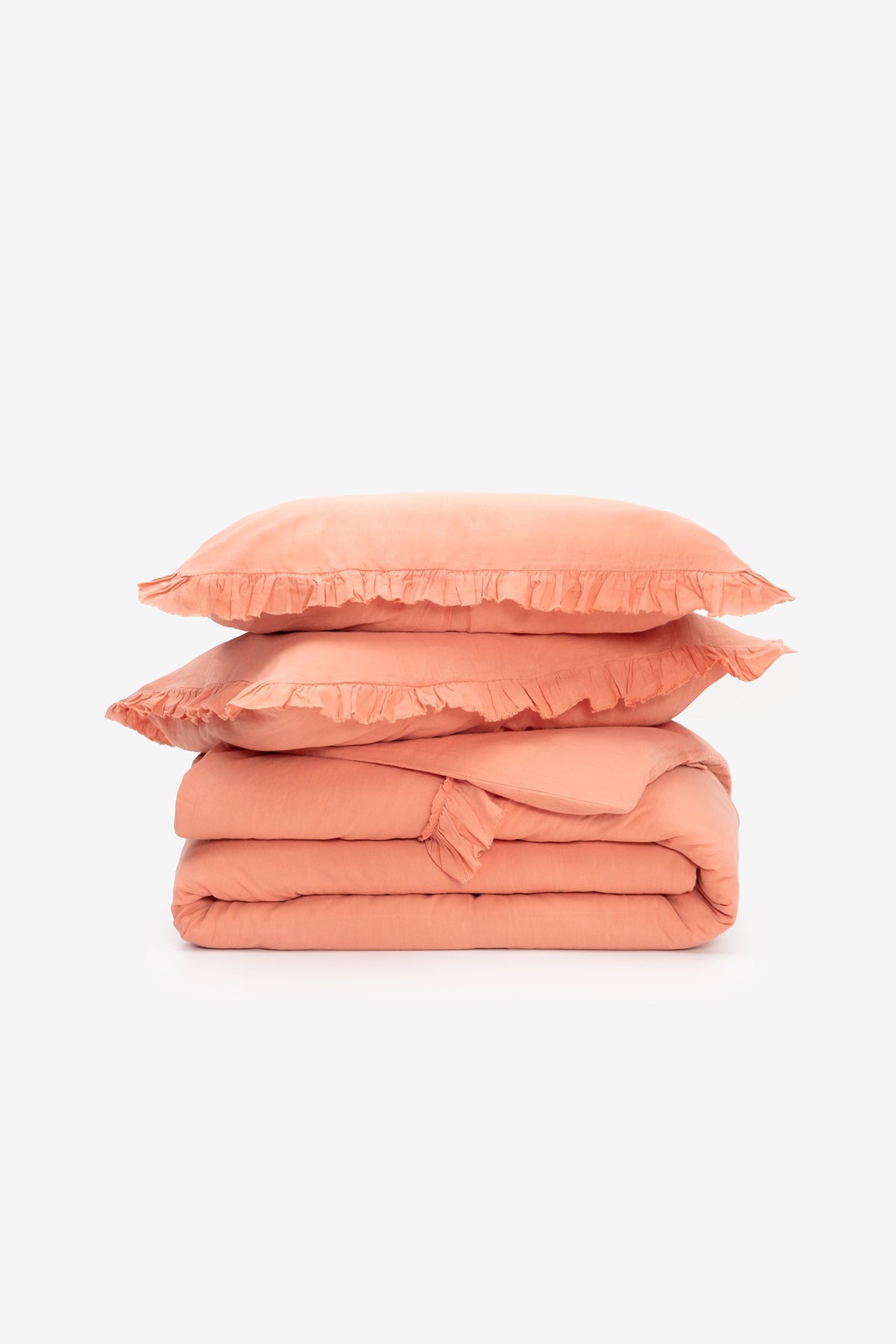 Frill Fırfırlı Keten Karışımlı Çift Kişilik Nevresim Seti Açık Mercan